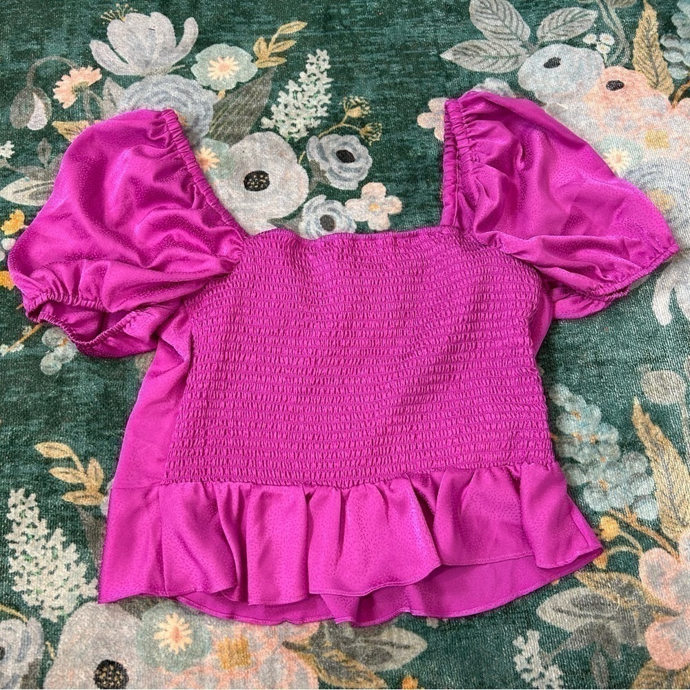 WAYF Blouse Large pink ruffle Sweetheart notch peplum Puff Sleeve Top NWT - Picture 5 of 14